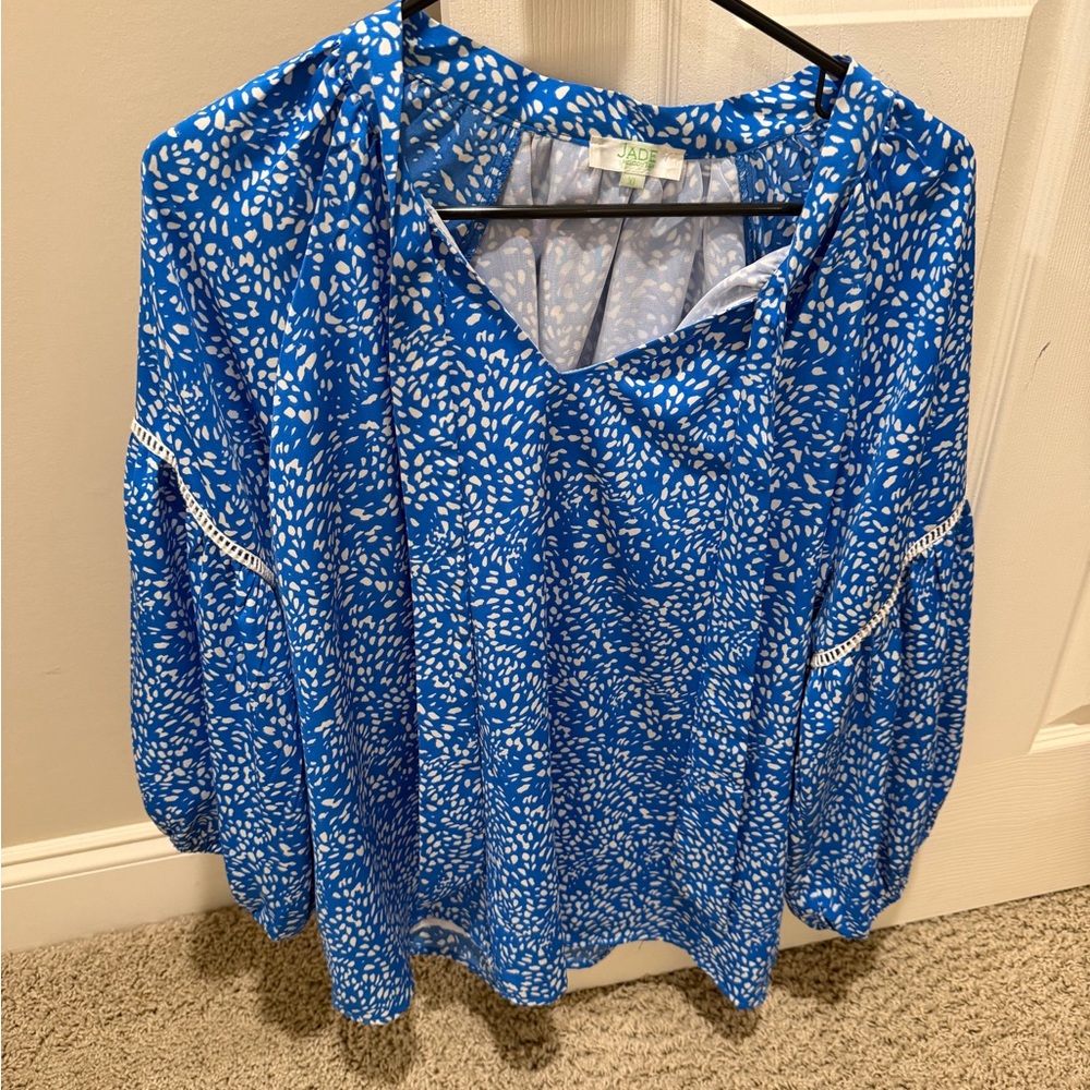Jade Blue and White Floral Blouse